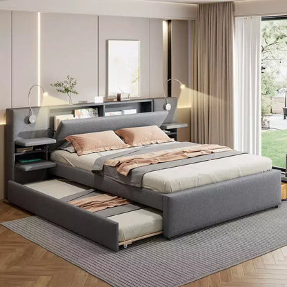 Whisen Upholstered Queen Platform Bed with Storage Drawers, Shelves, Trundle & Reading Lights