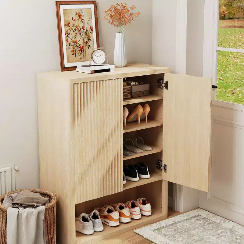 GustoWave 44.5 Fluted Shoe Storage Cabinet for Entryway, Modern 5-Tier Shoe Organizer with Adjustable Shelves and Open Shelf - Natural Oak