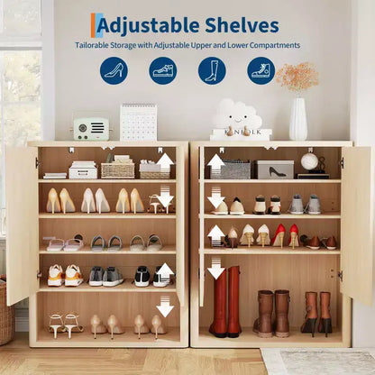 GustoWave 44.5 Fluted Shoe Storage Cabinet for Entryway, Modern 5-Tier Shoe Organizer with Adjustable Shelves and Open Shelf - Natural Oak
