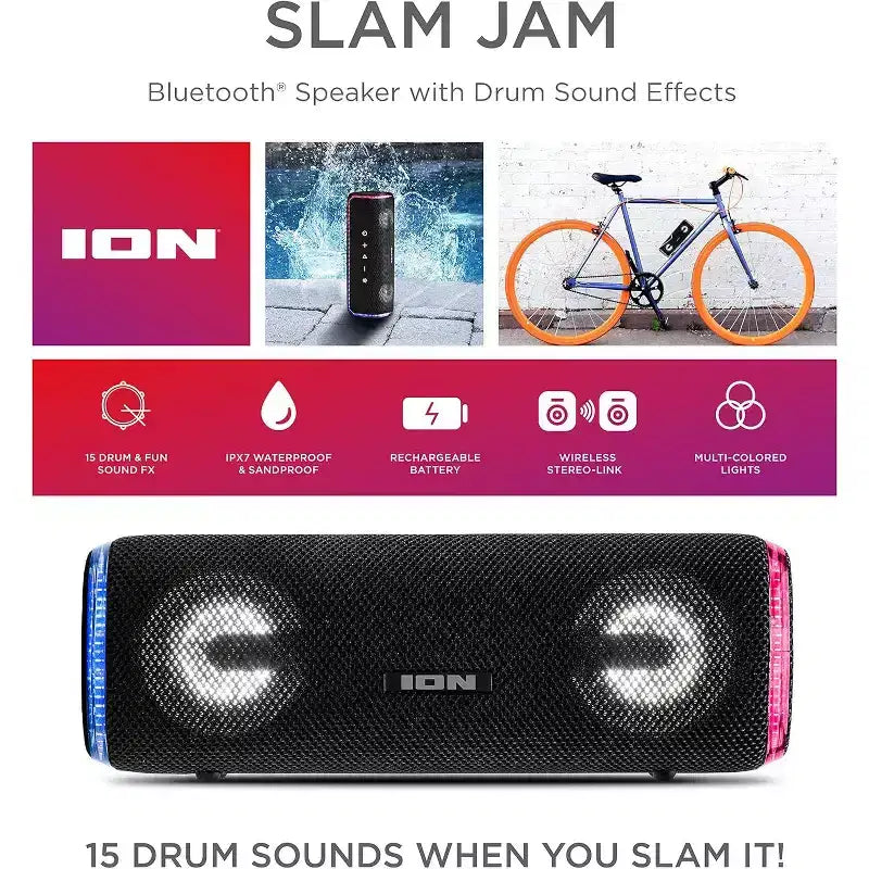 Ricondizionato: Altoparlante Bluetooth ION Slam Jam resistente alle intemperie con effetti sonori di batteria, nero - Ricondizionato dal produttore
