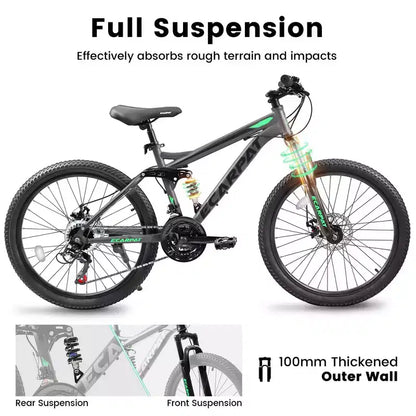 Whisen 27.5 Inch Full Suspension Mountain Bike, Front and Rear Dual Shock Absorbers, Mechanical Disc Brakes, 21-Speed