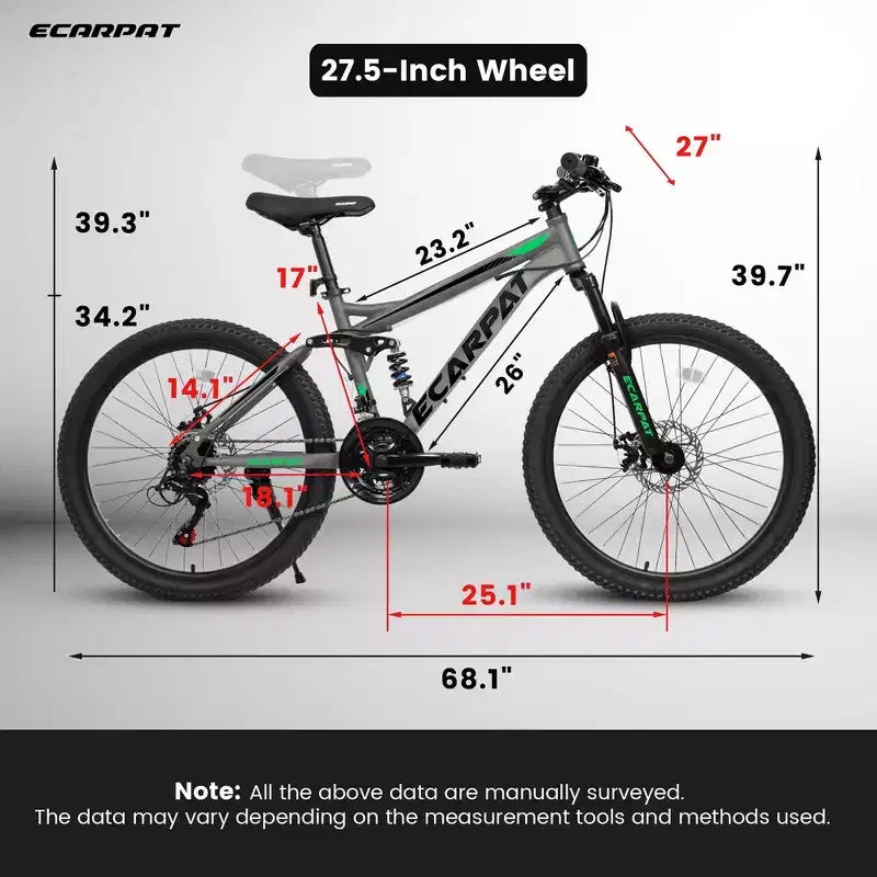 Whisen 27.5 Inch Full Suspension Mountain Bike, Front and Rear Dual Shock Absorbers, Mechanical Disc Brakes, 21-Speed
