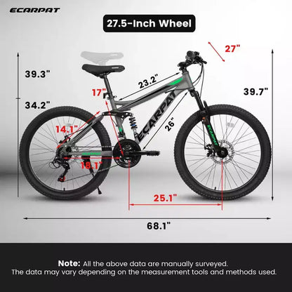 Whisen 27.5 Inch Full Suspension Mountain Bike, Front and Rear Dual Shock Absorbers, Mechanical Disc Brakes, 21-Speed