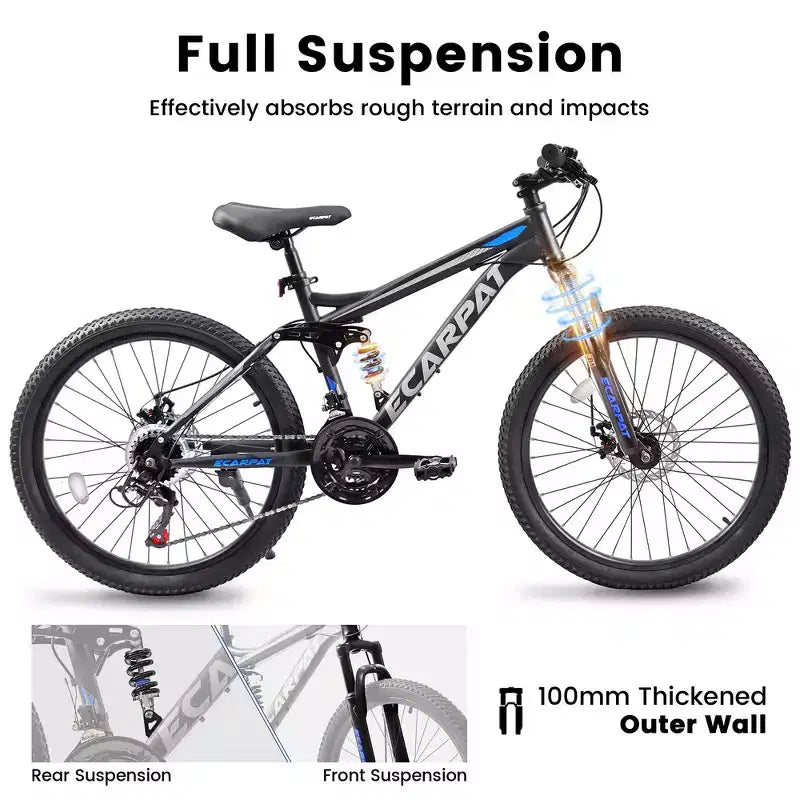 Whisen 27.5 Inch Full Suspension Mountain Bike, Front and Rear Dual Shock Absorbers, Mechanical Disc Brakes, 21-Speed