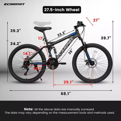 Whisen 27.5 Inch Full Suspension Mountain Bike, Front and Rear Dual Shock Absorbers, Mechanical Disc Brakes, 21-Speed