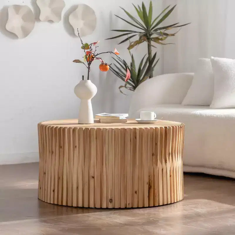 Tavolino rotondo in legno, tavolino d'appoggio in stile tronco d'albero con design a trama verticale, tavolino d'accento cilindrico per la casa
