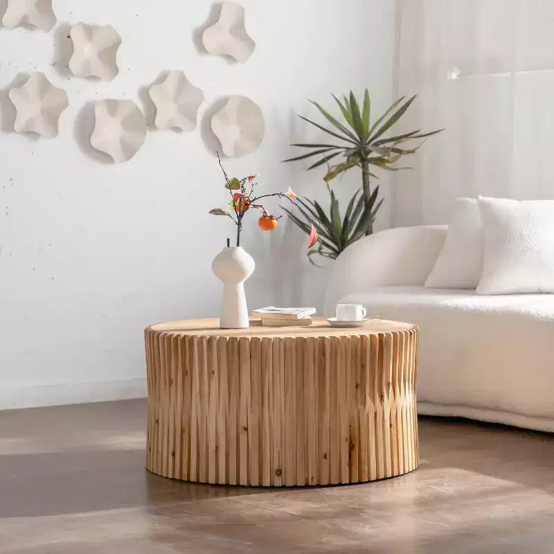 Tavolino rotondo in legno, tavolino d'appoggio in stile tronco d'albero con design a trama verticale, tavolino d'accento cilindrico per la casa
