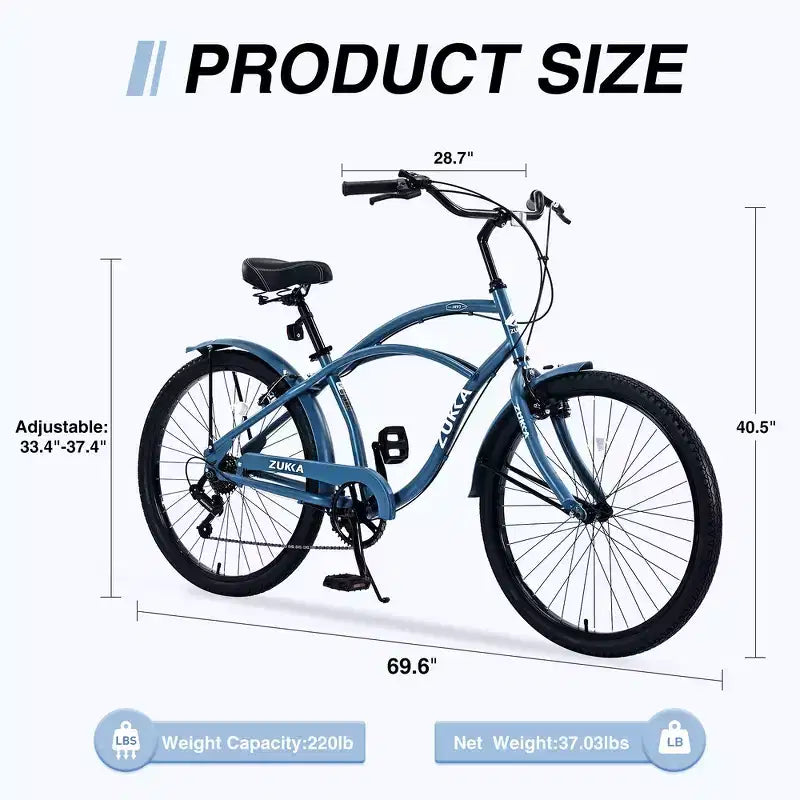 Bici Whisen 26 da esterno per adulti con telaio in acciaio ribassato, cambio a 7 velocità, freni V-brake anteriori e posteriori