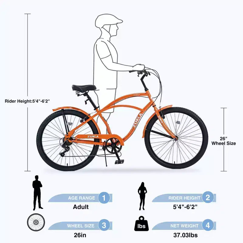 Bici Whisen 26 da esterno per adulti con telaio in acciaio ribassato, cambio a 7 velocità, freni V-brake anteriori e posteriori