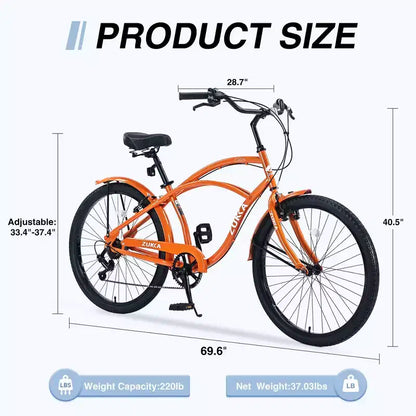 Bici Whisen 26 da esterno per adulti con telaio in acciaio ribassato, cambio a 7 velocità, freni V-brake anteriori e posteriori