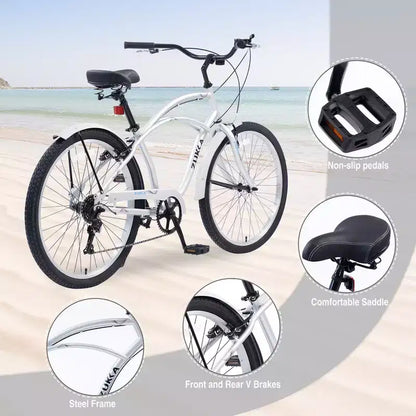 Bici Whisen 26 da esterno per adulti con telaio in acciaio ribassato, cambio a 7 velocità, freni V-brake anteriori e posteriori