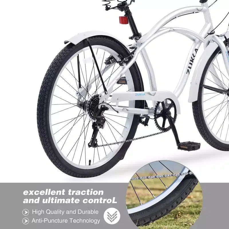 Bici Whisen 26 da esterno per adulti con telaio in acciaio ribassato, cambio a 7 velocità, freni V-brake anteriori e posteriori