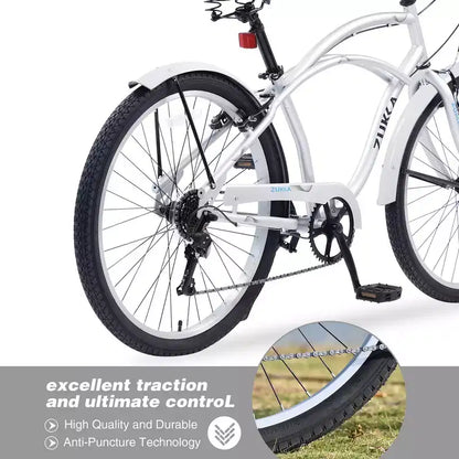 Bici Whisen 26 da esterno per adulti con telaio in acciaio ribassato, cambio a 7 velocità, freni V-brake anteriori e posteriori