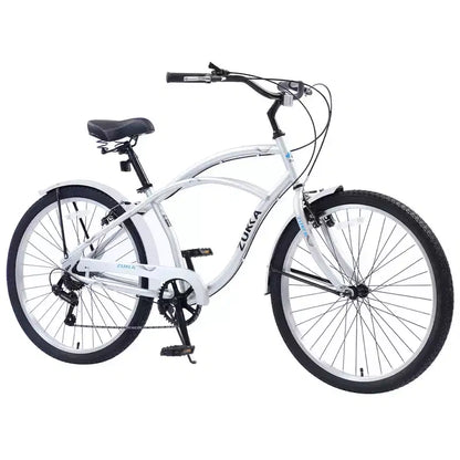 Bici Whisen 26 da esterno per adulti con telaio in acciaio ribassato, cambio a 7 velocità, freni V-brake anteriori e posteriori
