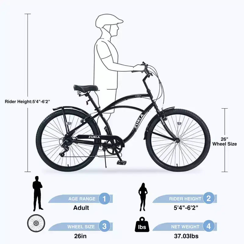 Bici Whisen 26 da esterno per adulti con telaio in acciaio ribassato, cambio a 7 velocità, freni V-brake anteriori e posteriori