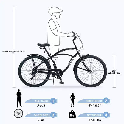 Bici Whisen 26 da esterno per adulti con telaio in acciaio ribassato, cambio a 7 velocità, freni V-brake anteriori e posteriori