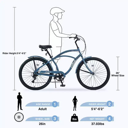 Bici Whisen 26 da esterno per adulti con telaio in acciaio ribassato, cambio a 7 velocità, freni V-brake anteriori e posteriori