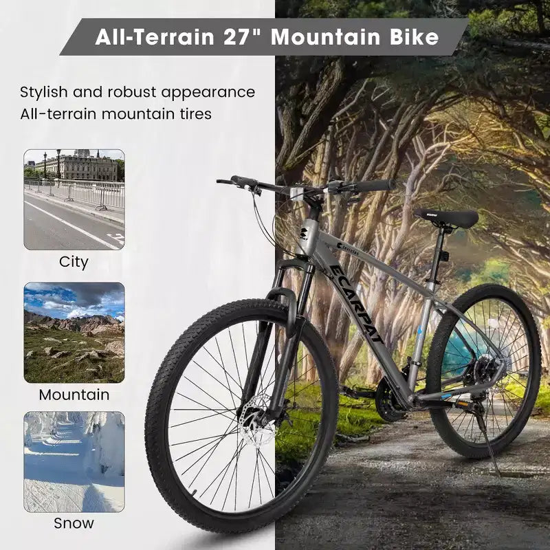 Whisen 27 Inch Mountain Bike 21 Speed, Suspension Fork, Aluminum Frame Disc Brake - Gray