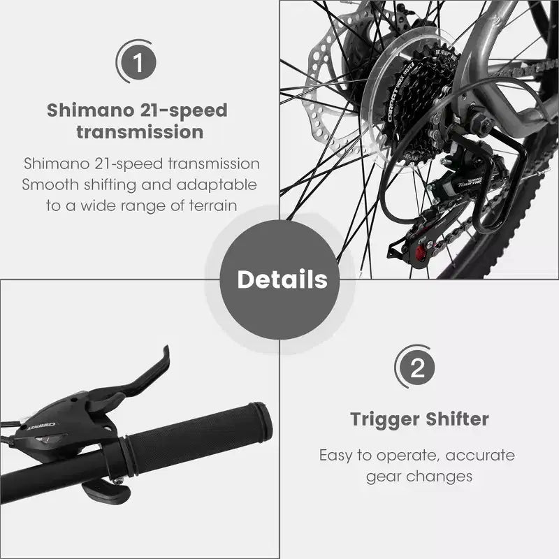 Whisen 27 Inch Mountain Bike 21 Speed, Suspension Fork, Aluminum Frame Disc Brake - Gray