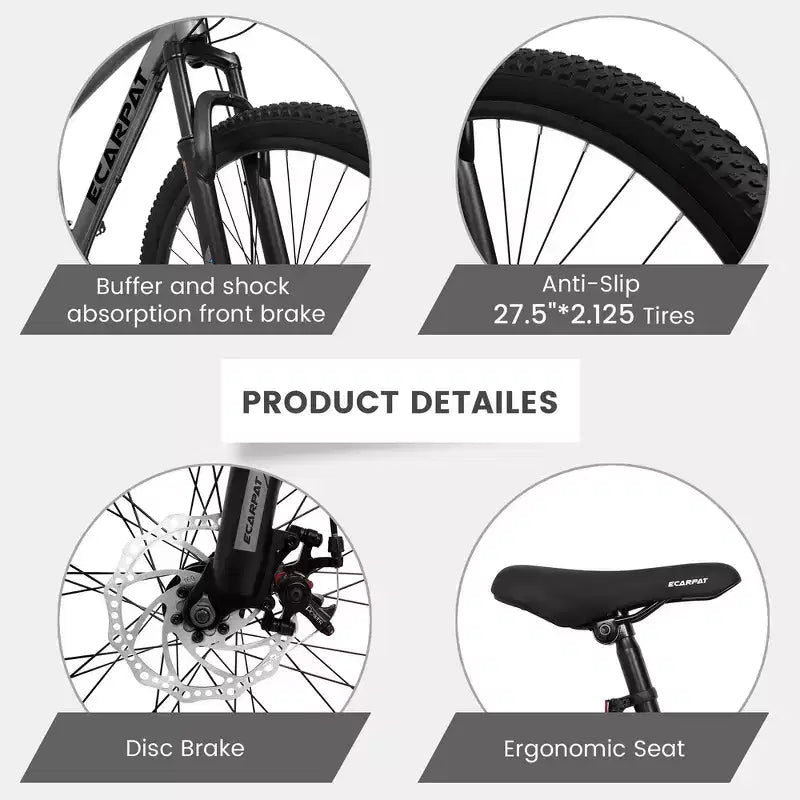 Whisen 27 Inch Mountain Bike 21 Speed, Suspension Fork, Aluminum Frame Disc Brake - Gray