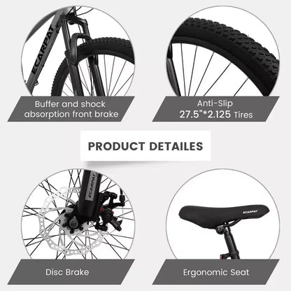 Whisen 27 Inch Mountain Bike 21 Speed, Suspension Fork, Aluminum Frame Disc Brake - Gray