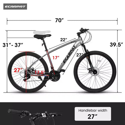 Whisen 27 Inch Mountain Bike 21 Speed, Suspension Fork, Aluminum Frame Disc Brake - Gray