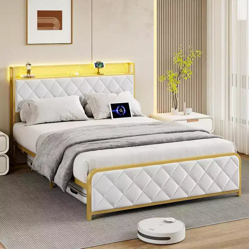 King Size Platform Bed Frame with Storage Headboard, USB Charging Station, LED Lighting, Underbed Storage, Easy Assembly, Heavy-Duty Support, White
