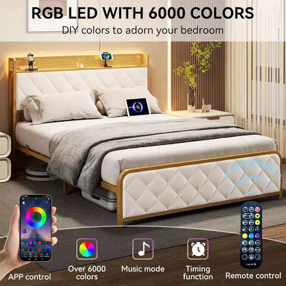 King Size Platform Bed Frame with Storage Headboard, USB Charging Station, LED Lighting, Underbed Storage, Easy Assembly, Heavy-Duty Support, White