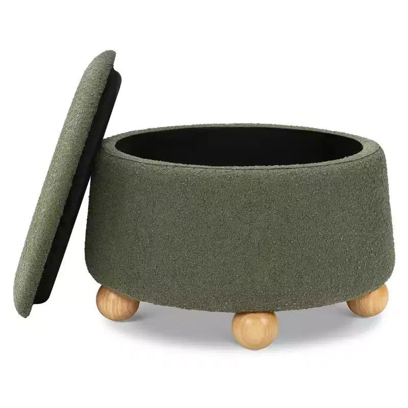 Poggiapiedi contenitore Namesake Tuffet con piedini a sfera in legno e coperchio sollevabile