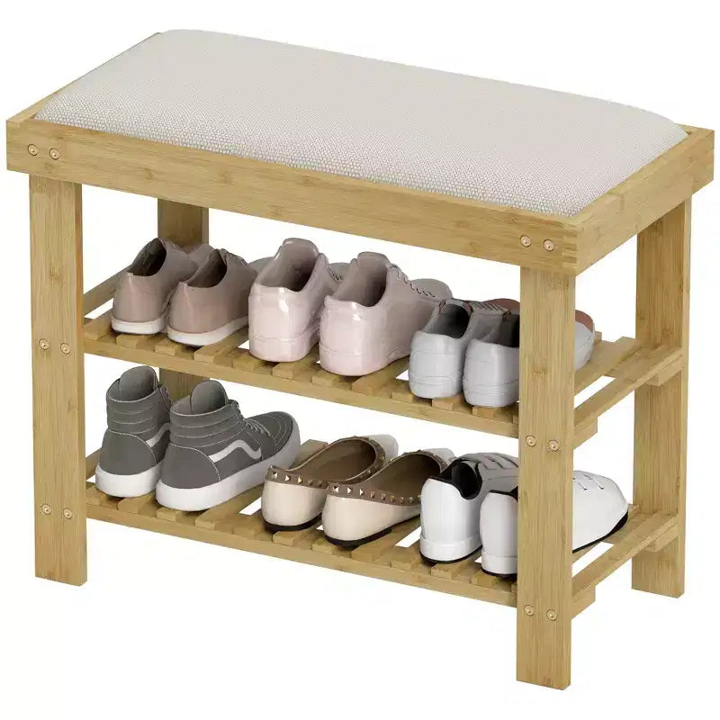 Bamboo Shoe Storage Bench, 3-Tier Entryway Bench with Cushion, Shoe Organizer for Entryway, Hallway