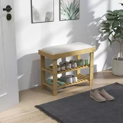 Bamboo Shoe Storage Bench, 3-Tier Entryway Bench with Cushion, Shoe Organizer for Entryway, Hallway