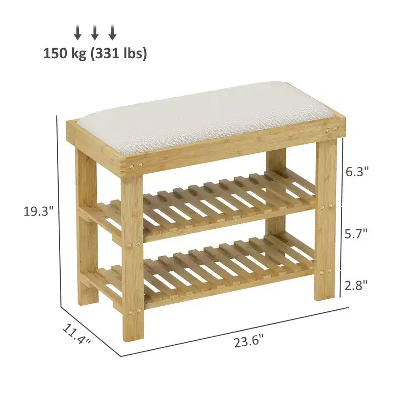 Bamboo Shoe Storage Bench, 3-Tier Entryway Bench with Cushion, Shoe Organizer for Entryway, Hallway