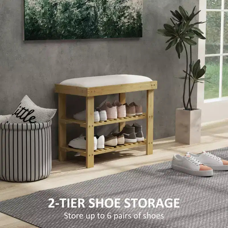 Bamboo Shoe Storage Bench, 3-Tier Entryway Bench with Cushion, Shoe Organizer for Entryway, Hallway