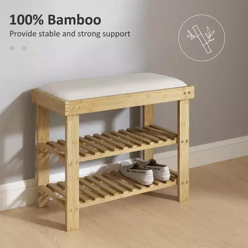 Bamboo Shoe Storage Bench, 3-Tier Entryway Bench with Cushion, Shoe Organizer for Entryway, Hallway