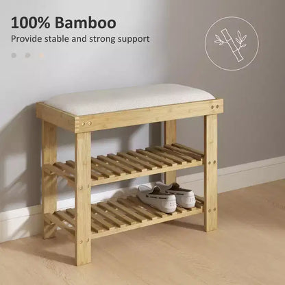 Bamboo Shoe Storage Bench, 3-Tier Entryway Bench with Cushion, Shoe Organizer for Entryway, Hallway