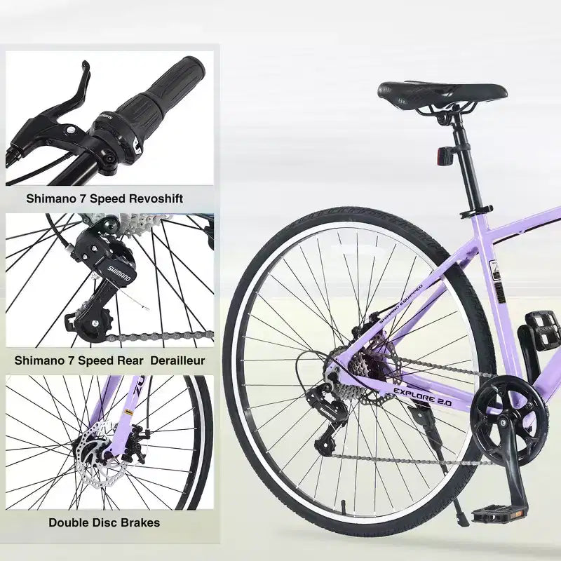 Bicicletta da strada Whisen 28, bici ibrida da città con telaio in lega di alluminio Shimano a 7 velocità, doppi freni a disco