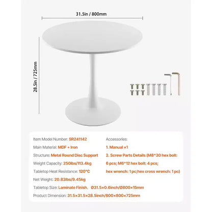 VEVOR Tavolo da Pranzo Rotondo, 80 cm Tavolo in Legno per 2-4 Persone, Moderno Tavolo Circolare, con Base a Piedistallo con Design a Tulipano, (Solo Tavolo), Bianco