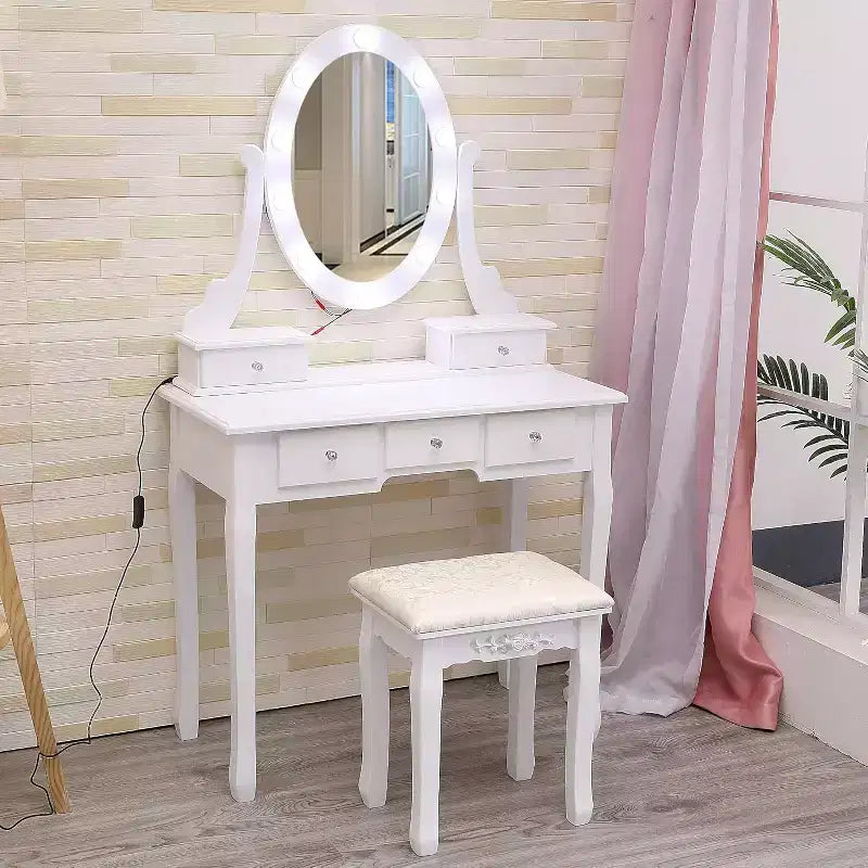 Vanity Desk with Mirror and Lights, Wood Makeup Dressing Table with Oval Mirror & Stool,3 Colors Lighting Modes,(White)