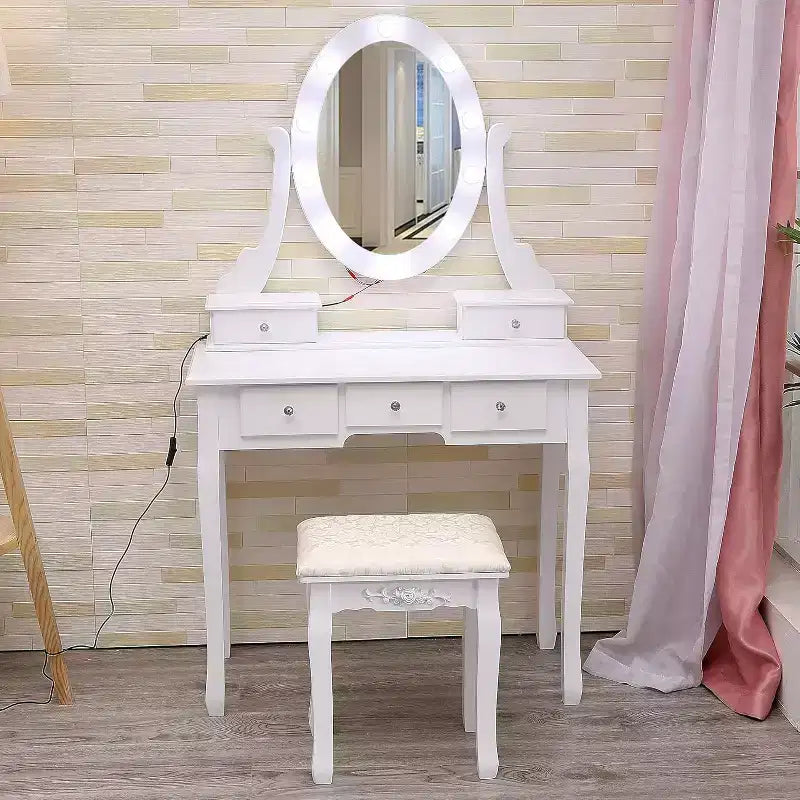 Toeletta con specchio e luci, tavolo da trucco in legno con specchio ovale e sgabello, 3 modalità di illuminazione a colori, (Bianco)