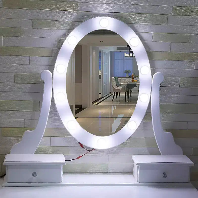 Toeletta con specchio e luci, tavolo da trucco in legno con specchio ovale e sgabello, 3 modalità di illuminazione a colori, (Bianco)