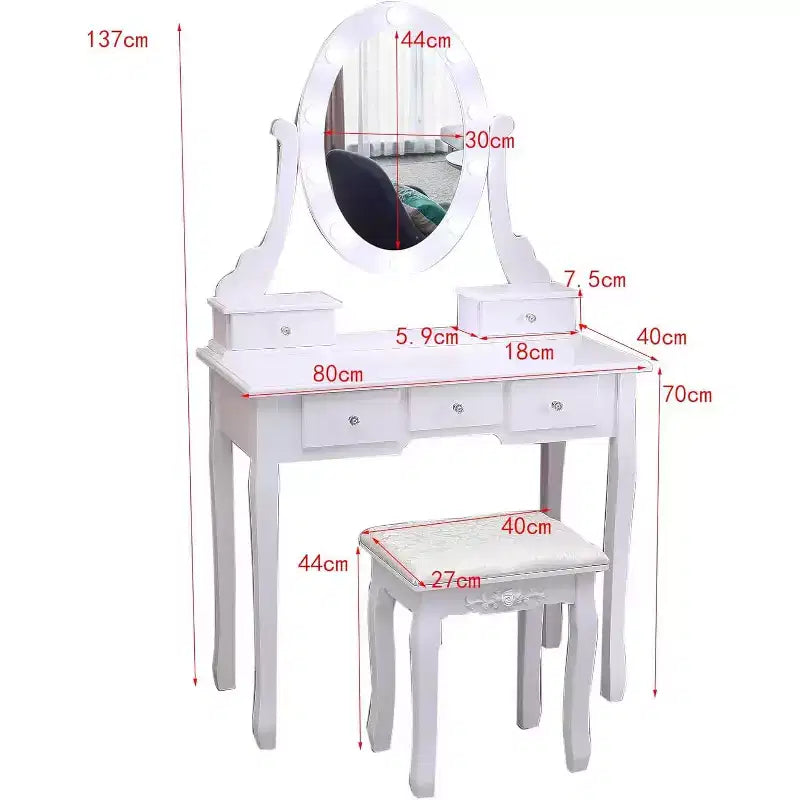 Toeletta con specchio e luci, tavolo da trucco in legno con specchio ovale e sgabello, 3 modalità di illuminazione a colori, (Bianco)