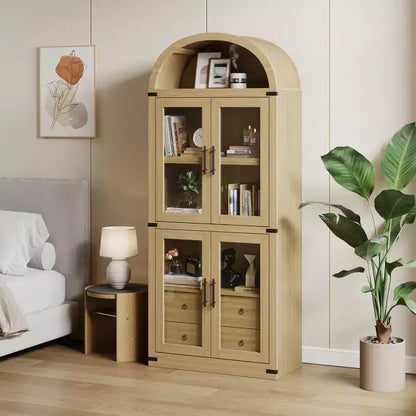 71 Tall Bookshelf, 4 Tier Book Shelf with 2 Storage Drawers, with Doors, 15.83In Depth Wood Bookshelf for Home Office, Living Room, Bed Room