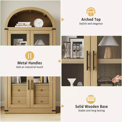 71 Tall Bookshelf, 4 Tier Book Shelf with 2 Storage Drawers, with Doors, 15.83In Depth Wood Bookshelf for Home Office, Living Room, Bed Room