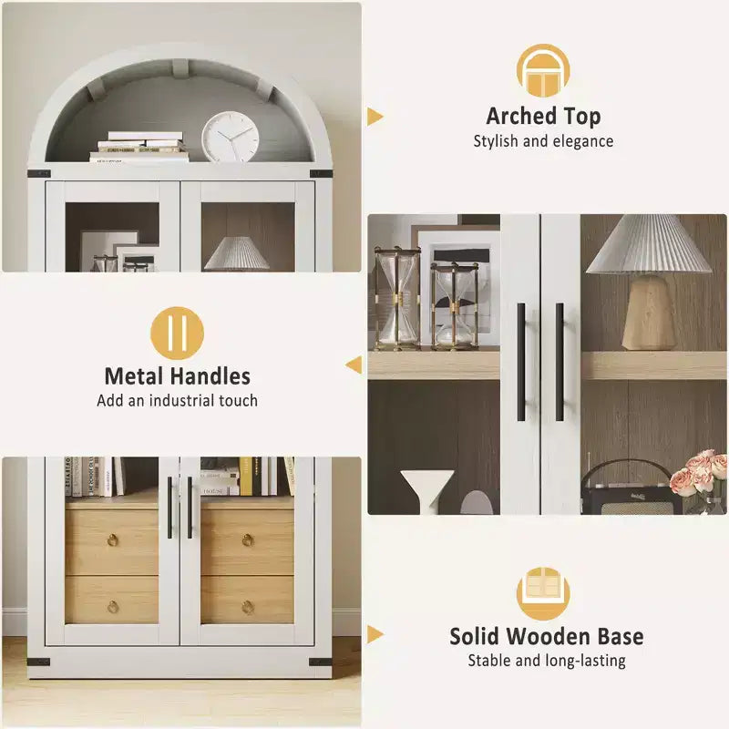 71 Tall Bookshelf, 4 Tier Book Shelf with 2 Storage Drawers, with Doors, 15.83In Depth Wood Bookshelf for Home Office, Living Room, Bed Room