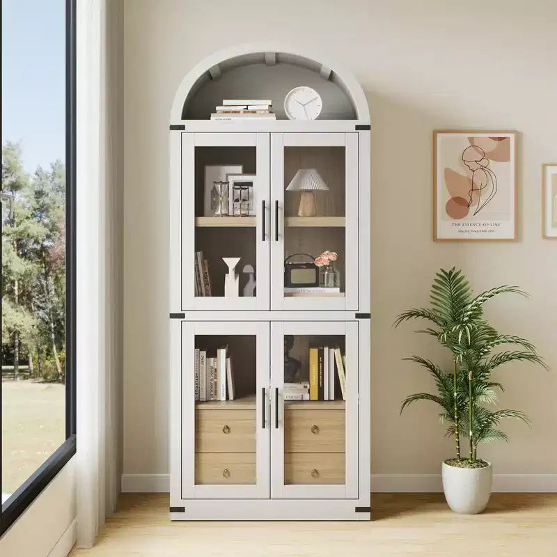 71 Tall Bookshelf, 4 Tier Book Shelf with 2 Storage Drawers, with Doors, 15.83In Depth Wood Bookshelf for Home Office, Living Room, Bed Room