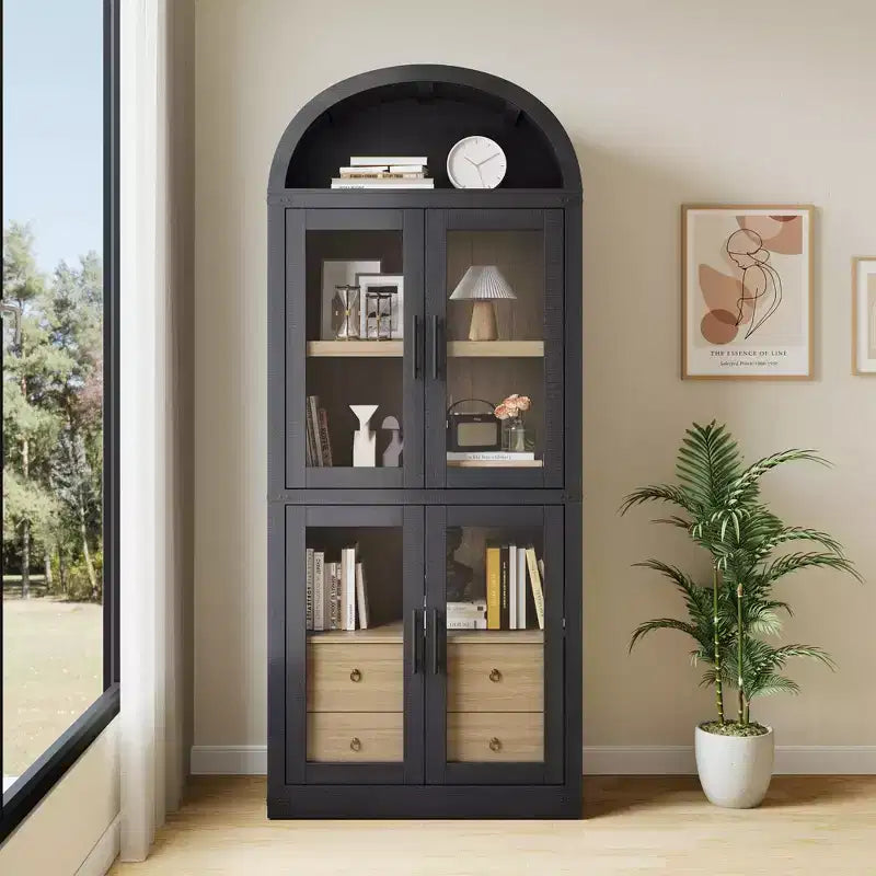 71 Tall Bookshelf, 4 Tier Book Shelf with 2 Storage Drawers, with Doors, 15.83In Depth Wood Bookshelf for Home Office, Living Room, Bed Room
