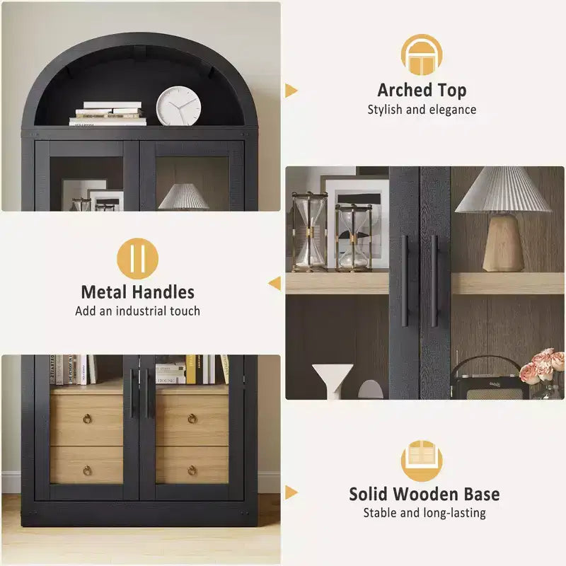 71 Tall Bookshelf, 4 Tier Book Shelf with 2 Storage Drawers, with Doors, 15.83In Depth Wood Bookshelf for Home Office, Living Room, Bed Room