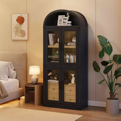 71 Tall Bookshelf, 4 Tier Book Shelf with 2 Storage Drawers, with Doors, 15.83In Depth Wood Bookshelf for Home Office, Living Room, Bed Room