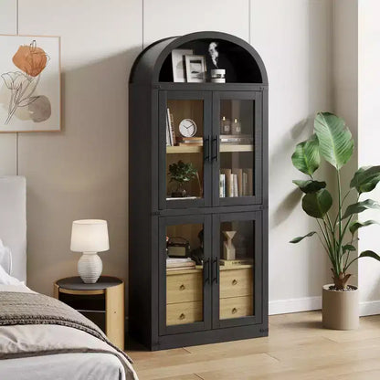 71 Tall Bookshelf, 4 Tier Book Shelf with 2 Storage Drawers, with Doors, 15.83In Depth Wood Bookshelf for Home Office, Living Room, Bed Room
