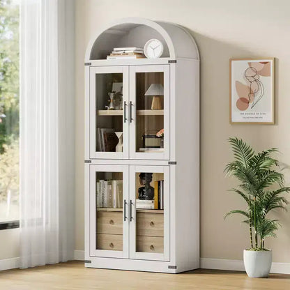 71 Tall Bookshelf, 4 Tier Book Shelf with 2 Storage Drawers, with Doors, 15.83In Depth Wood Bookshelf for Home Office, Living Room, Bed Room